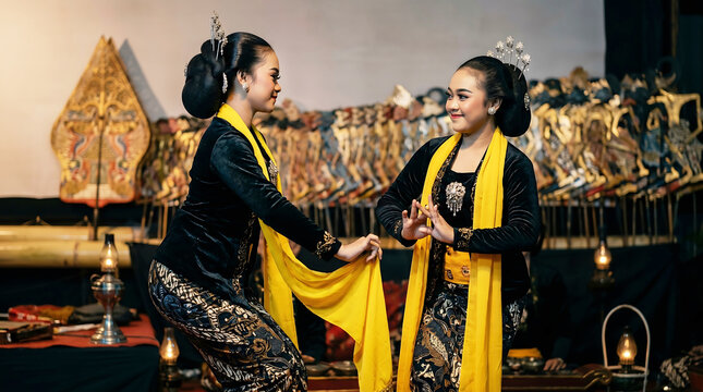Two beautiful javanese dancers performing traditional dance during wayang kulit show