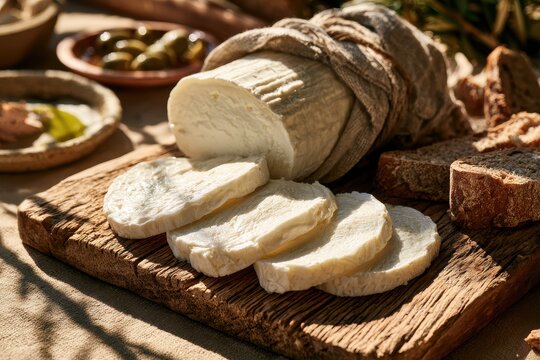 Tulum Peyniri: rustic Turkish goat cheese on a wooden board with sliced wedges