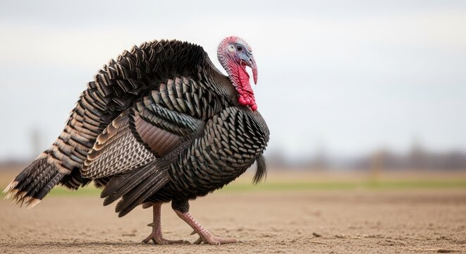 Wild turkey strutting displaying feathers on outdoor ground