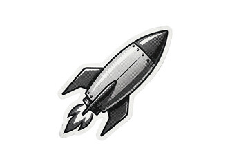 Stylized black and white rocket taking off with exhaust flame, featuring halftone dot pattern © creatfive