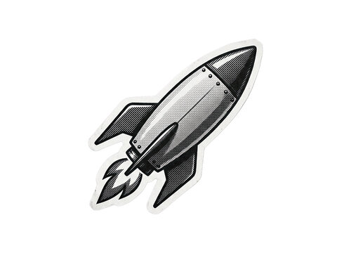 Stylized black and white rocket taking off with exhaust flame, featuring halftone dot pattern