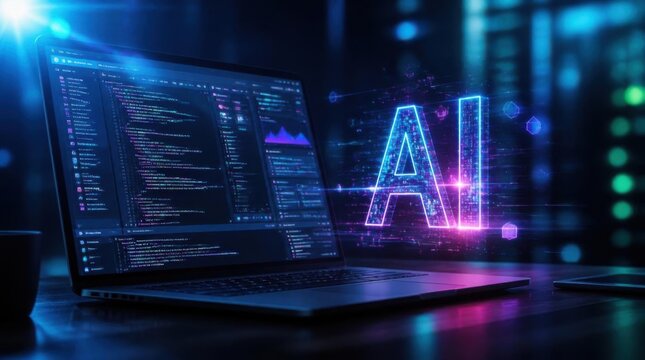 Futuristic Ai Laptop Code Screen with Neon Ai Letters