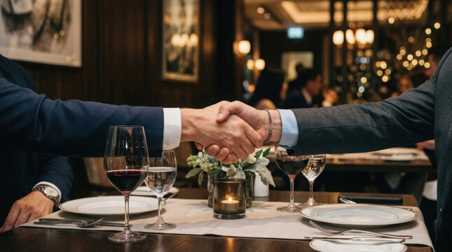 Professional executive networking dinner showcases handshake between two individuals, symbolizing collaboration and connection sophisticated
