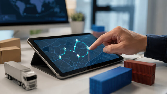 Logistics management freight forwarding software supply chain cargo tracking digital tablet container truck business office