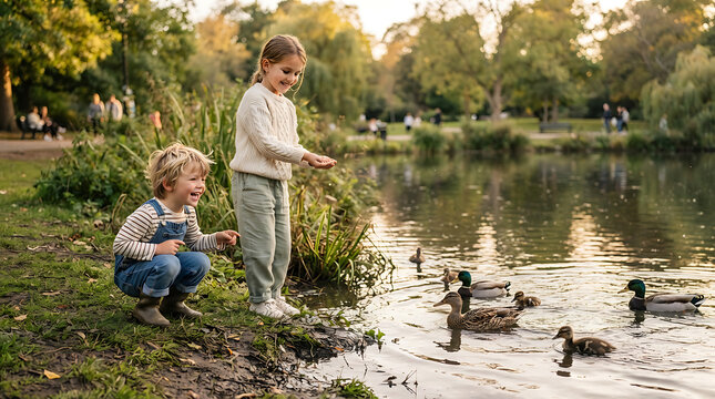 Young children feeding ducks by a peaceful park pond