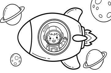 Coloring book design Happy Child Waving from Colorful Space Rocket Amid Planets and Moon Illustration © World Show 