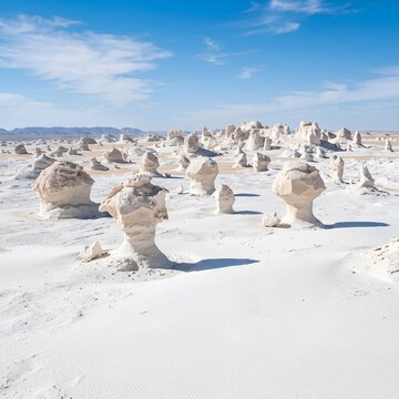 Unique Chalk Formations in a Vast Desert Landscape Under a Blue Sky