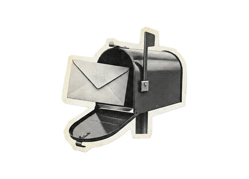 Mailbox with an open door holding an envelope in a distressed halftone black and white paper cut-out style