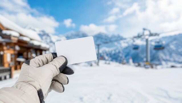 Gloved hand holding a blank ski resort access card against snowy mountain slopes, representing winter travel, lift passes, and vacation.