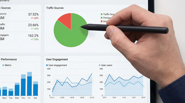 Data analyst working with business report graphs on tablet over white desk