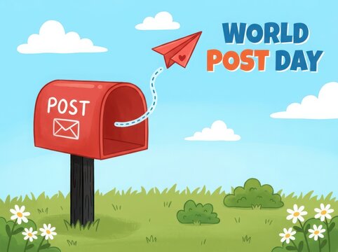 Red Paper Plane Flying from Mailbox for World Post Day Illustration
