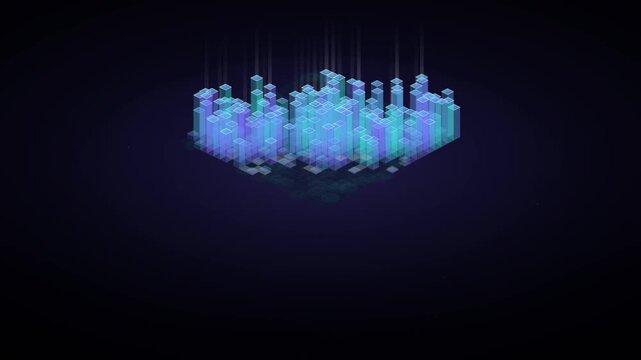 Abstract Parallel Compute Grid With Glowing Blue And Purple Data Blocks Moving Up And Down On A Dark Background