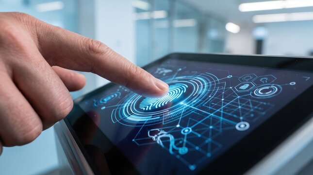 Fingerprint biometric security scan on tablet device, digital identity verification, cyber security, touch screen authentication, privacy protection, access control system