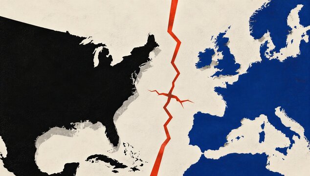 Split map of usa and europe with a red crack, symbolizing atlantic geopolitical tension, division, conflict, and strained transatlantic relation.
