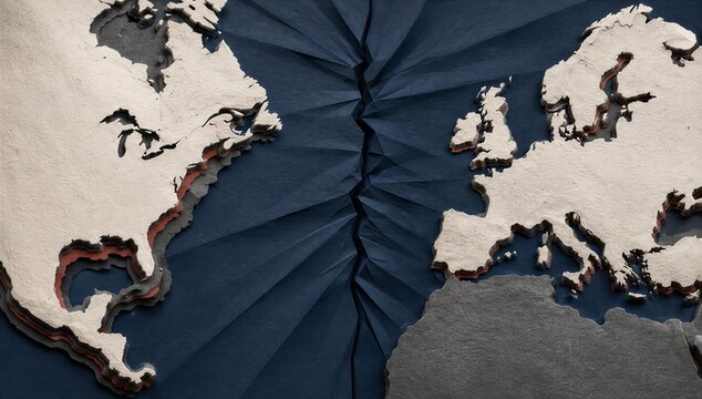 Ripped map of the atlantic ocean between america and europe, symbolizing geopolitical tension, divide, and transatlantic power struggle.