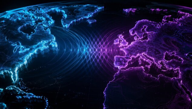 Glowing digital atlantic map between americas, europe and africa, symbolizing transatlantic rivalry, strategic pressure, and geopolitical tension.