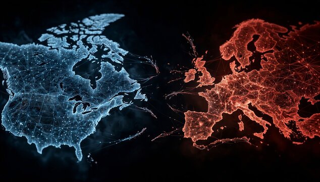 Glowing blue north america and red europe confront across the atlantic, symbolizing transatlantic geopolitical tension and power struggle.