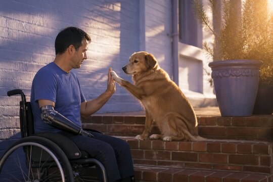 Wheelchair user and dog share a high five on a sunny porch with copy space