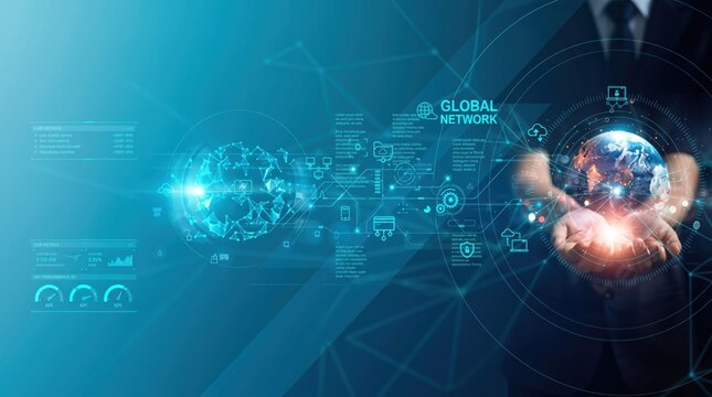 Hands holding digital earth globe with global network connections, internet of things, cloud computing interface, cybersecurity shield, big data analysis, worldwide communication