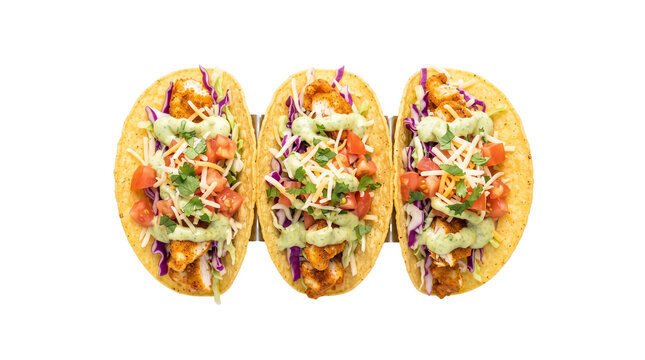 Gourmet fish tacos with fresh slaw and lime cream, trio of Mexican street tacos on white background, healthy seafood appetizers