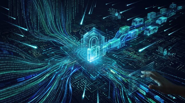 Abstract cybersecurity featuring glowing digital padlock protecting blockchain transactions on circuit board with binary code streams, symbolizing secure data encryption