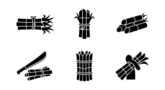 Sugarcane Harvest Icons, Sweet Cane Stalks, Machete Tool, Agricultural Crop Vector Set