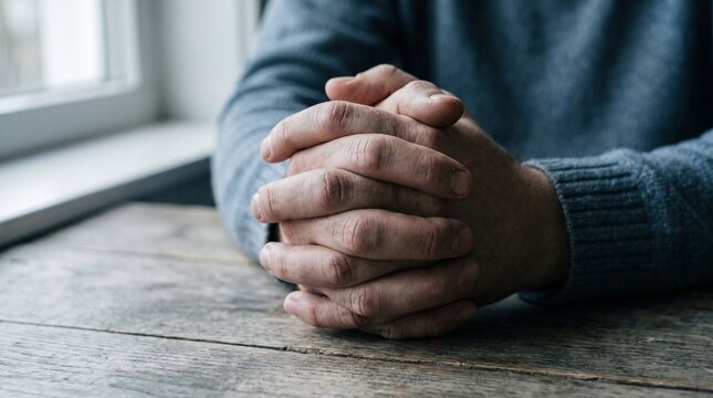 Close up of person with hands clasped together in prayer or deep contemplation at table.
