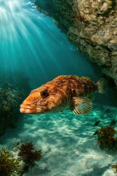 Underwater lingcod gliding above a coral-dotted reef