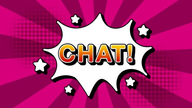 Chat text word lettering popup comic cartoon reveal with bomb and smoke explosion manga anime book page dots with radial speed lines doodle pink  background with seamless loop animation retro