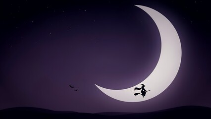 Naklejka premium Silhouette of a witch flying on a broomstick across a large glowing crescent moon in a dark purple night sky with stars and distant clouds