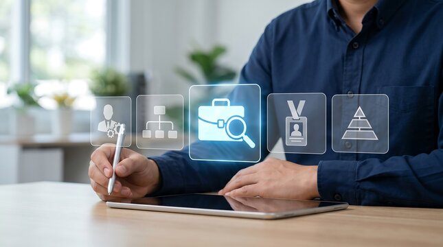Businessman using digital pen to interact with business management organizational structure and professional career development icons