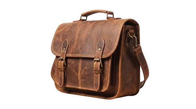 Vintage brown leather messenger bag, classic satchel briefcase with brass buckles, rustic shoulder bag for business and travel