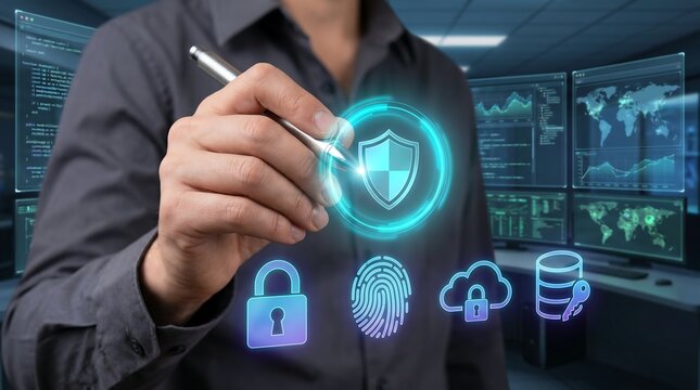 Businessman using stylus to select security shield and biometric fingerprint authentication icons in a high tech operations center