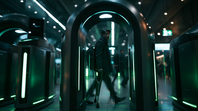 Man on Crutches Passing Through Futuristic Transit Security Gate