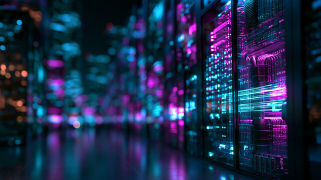 Futuristic Data Center Server Room with Glowing Neon Lights