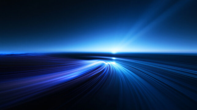 Abstract Futuristic Blue Digital Technology Light Trails and Horizon