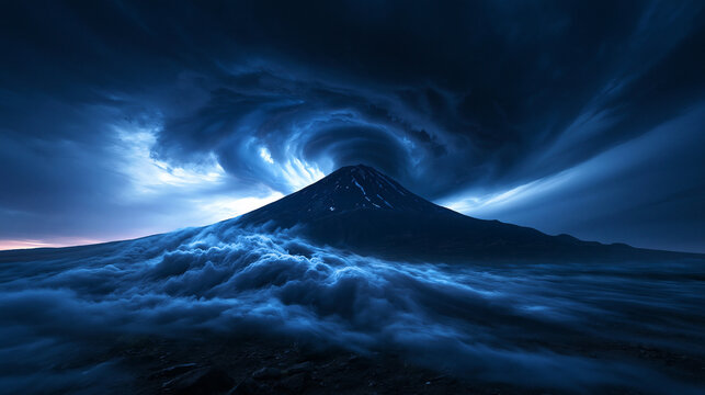 Dramatic Volcano Peak Surrounded by Swirling Storm Clouds