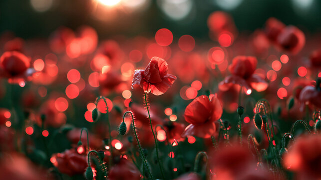 Red Poppies Blooming in Field at Sunset