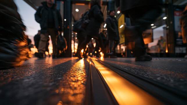 Low Angle View of Pedestrians Commuting During Evening Rush Hour