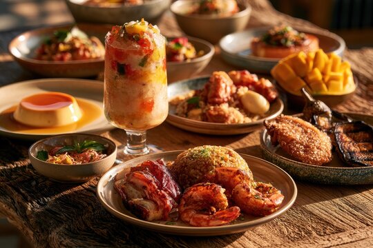 Vibrant celebration of Filipino flavors: halo-halo, leche flan, grilled talong, and seafood in a family-style spread