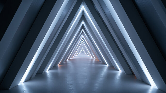 Futuristic Triangular Corridor Tunnel with Neon Lights in Sci-Fi Style