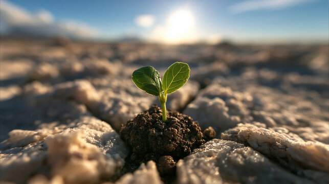 Small Green Seedling Growing in Dry Cracked Earth