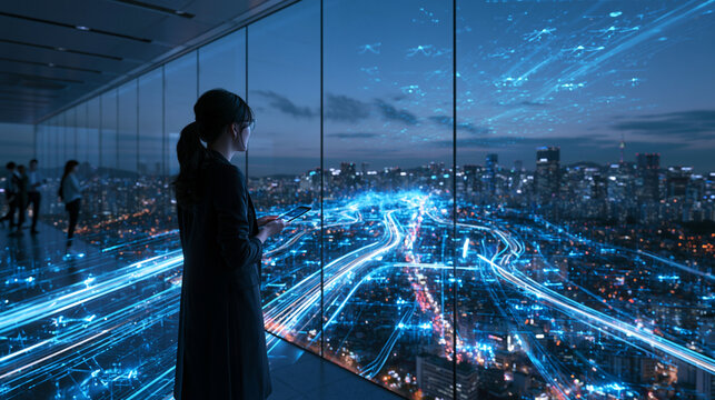 Businesswoman Looking at Smart City Data Network at Night