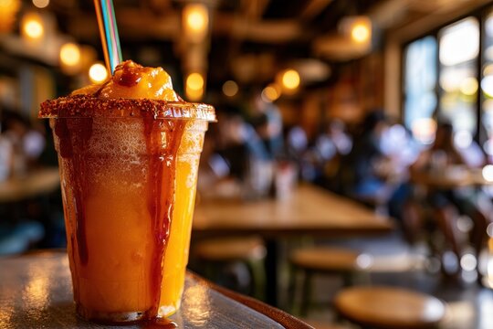 Vibrant mangonada drink in a cozy restaurant, left side of the frame with warm ambience