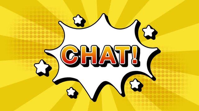 Chat text word lettering popup comic cartoon reveal with bomb and smoke explosion manga anime book page dots with radial speed lines doodle yellow  background with seamless loop animation retro