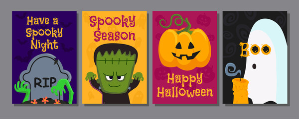 Cute Halloween Poster Set with Ghost Pumpkin and Monster