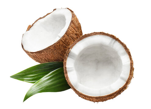 Two halved broken coconuts with green leaves, isolated on transparent cutout background