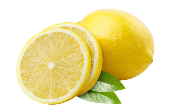 Whole lemon with two fresh slices and green leaves, isolated on transparent cutout background