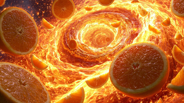 Abstract orange fruit slices spinning in dynamic liquid juice swirl vortex with fiery sparkling particles backdrop.