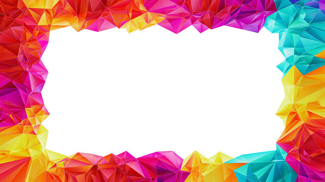 Bright colorful low poly geometric polygonal border frame with blank white copy space in center abstract vibrant rainbow crystal background.